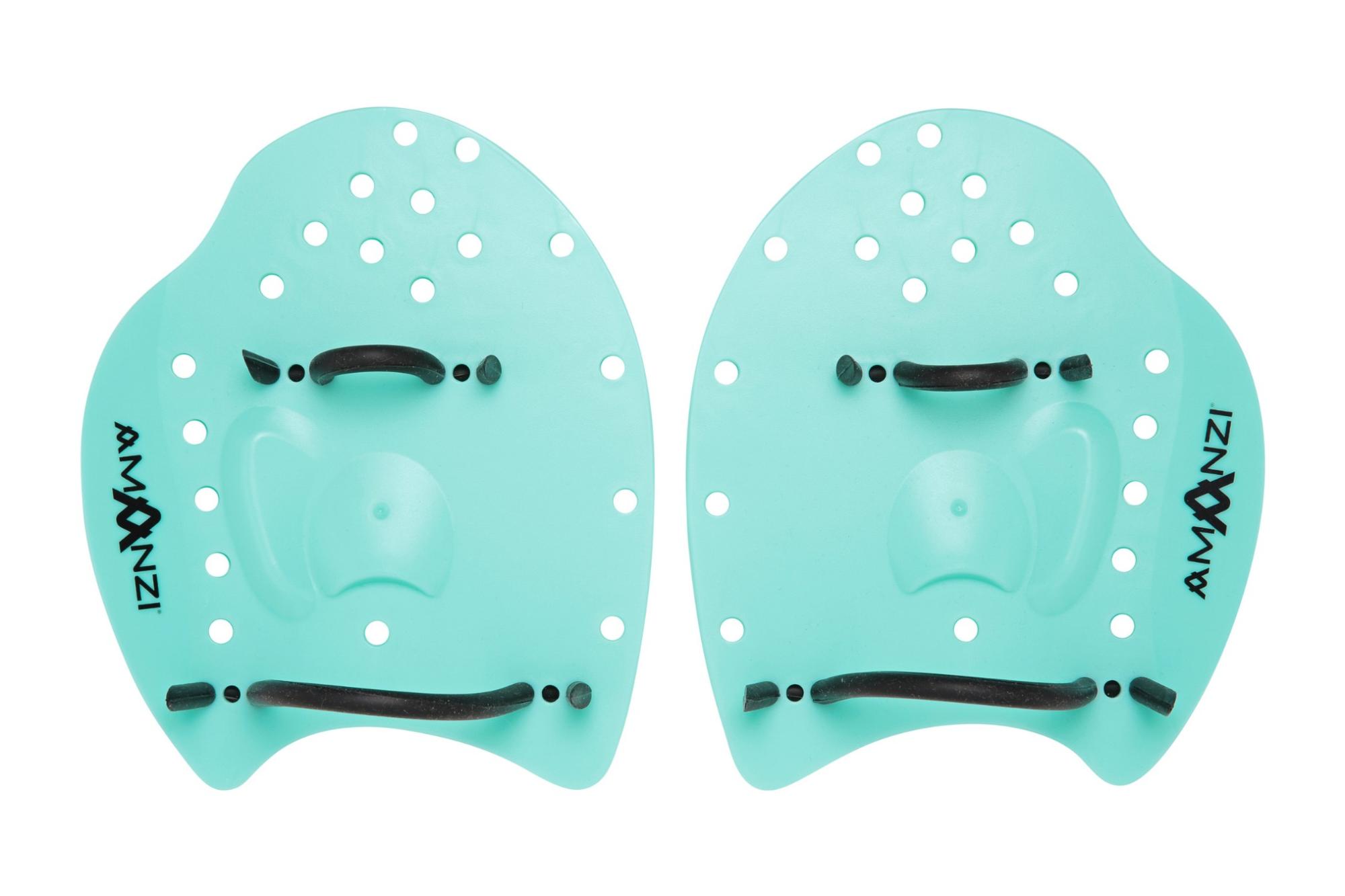 Amanzi swimming accessories including paddles, mesh bags, caps and goggle cases