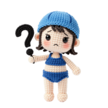 Crochet style swimmer holding a question mark sign