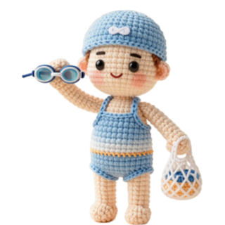 Crochet style swimmer holding goggles and a mesh bag