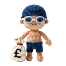 Crochet style swimmer holding a pound coin and goggles